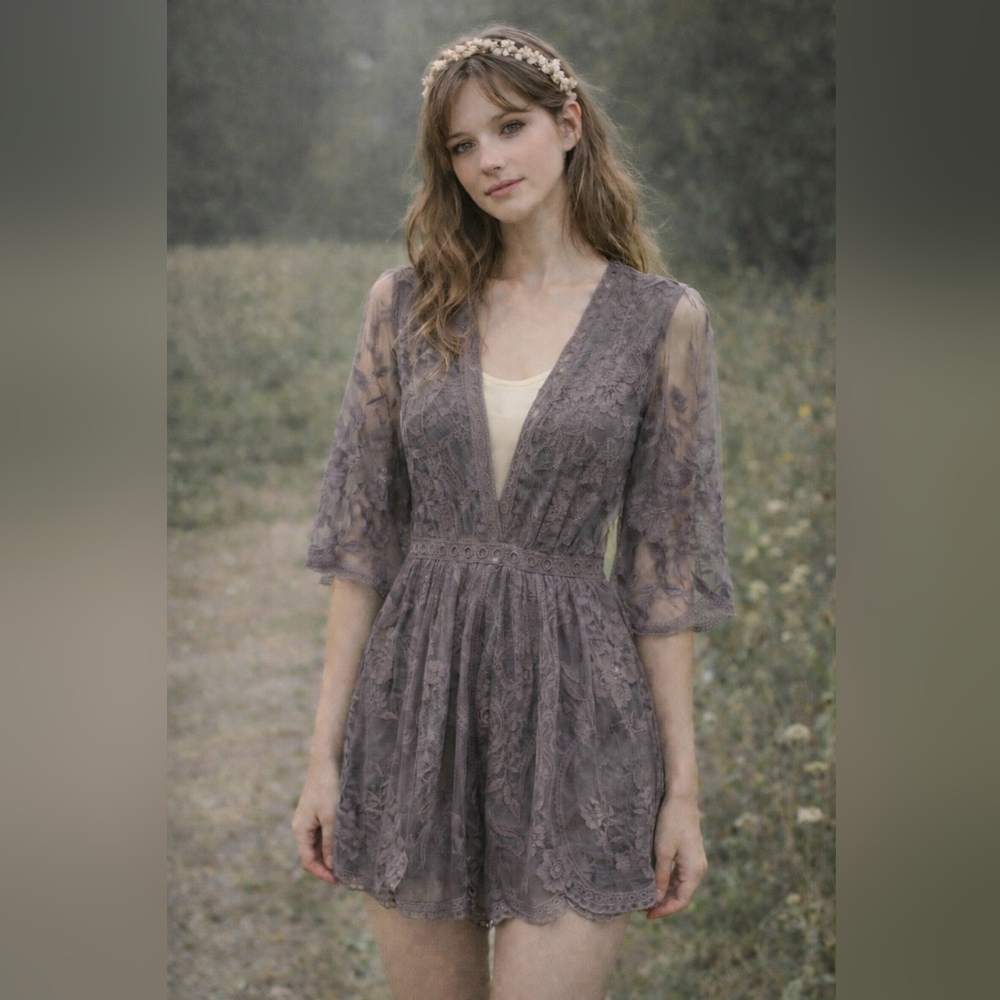 Wishlist Boho Embroidered‎ Lace Overlay Coquette Fairycore Romper, Small